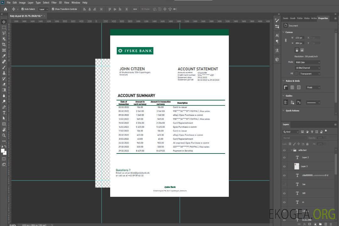 Danemark Relevé bancaire Jyske template